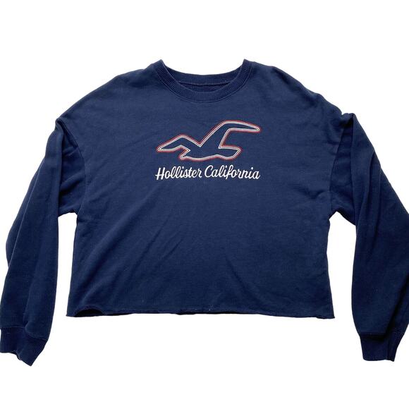 HOLLISTER California Outline Crop Navy Blue Sweatshirt Large Relaxed Logo Fleece - Picture 3 of 10